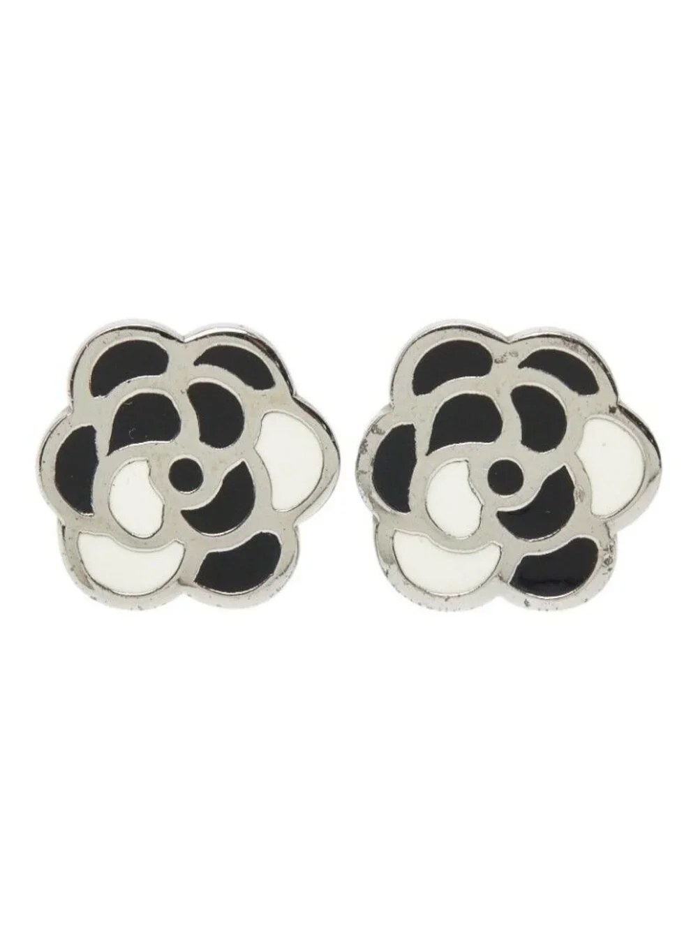 Chanel Camellia Earrings Silver Black Metal